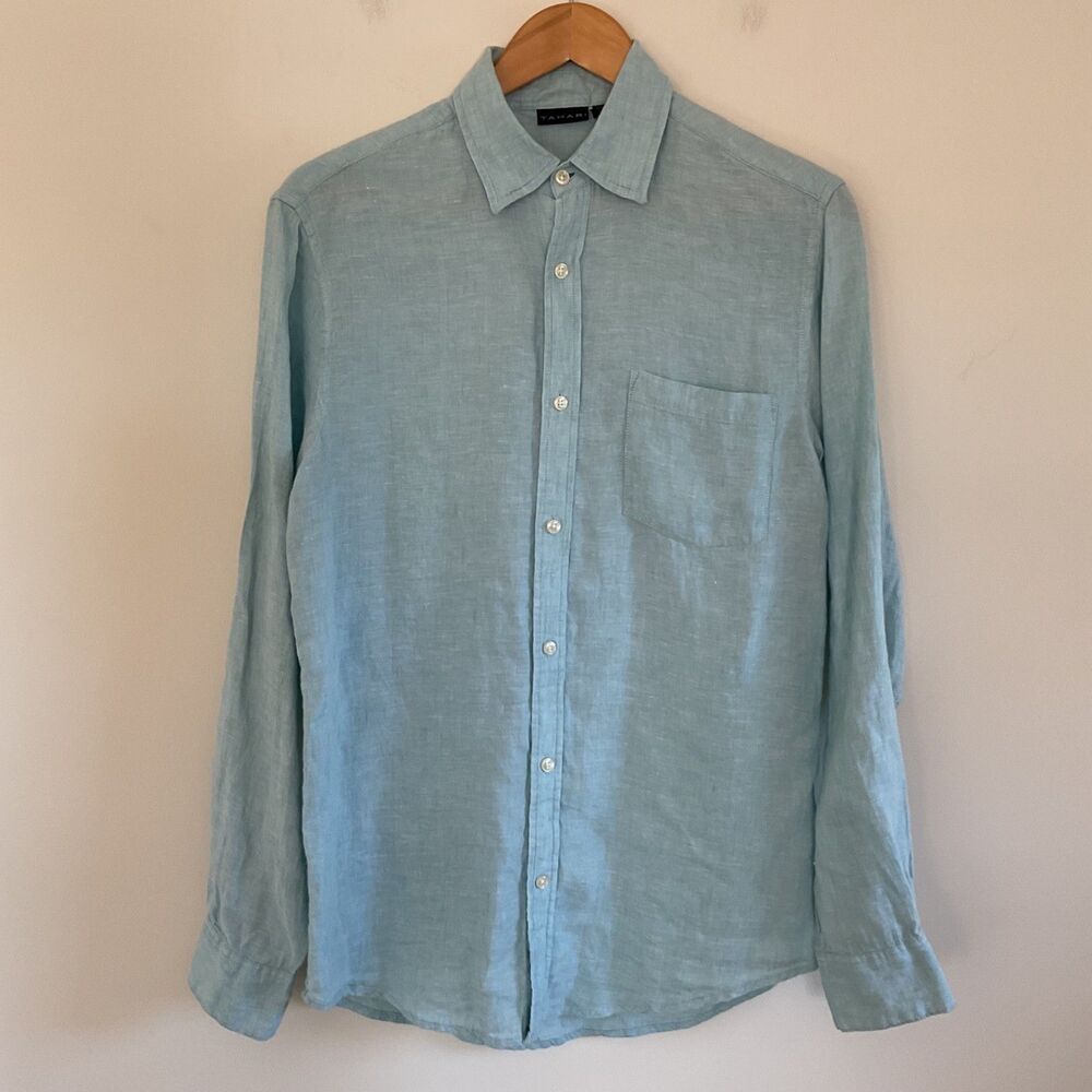 Tahari 100% Linen Button Up Shirt Mens S Light Blue Long Sleeve Coastal Vacation